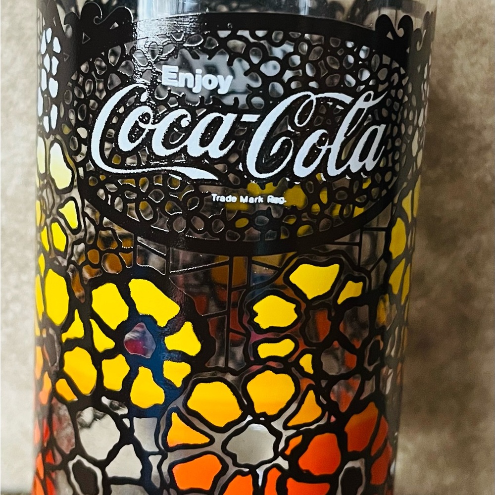 1970’s Vintage Coca-Cola Yellow/Orange Mosaic Flowers 16oz Drinking Glass
